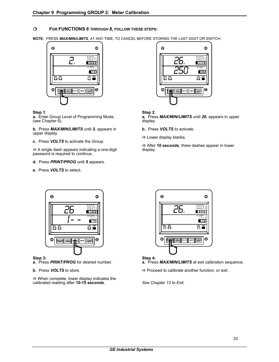 Chapter 9 programming group 2: meter calibration, Functions, C. press volts to activate the group | D. press print/prog until 5 appears, Step 3, Ge industrial systems | GE EPM 3000P User Manual | Page 38 / 46