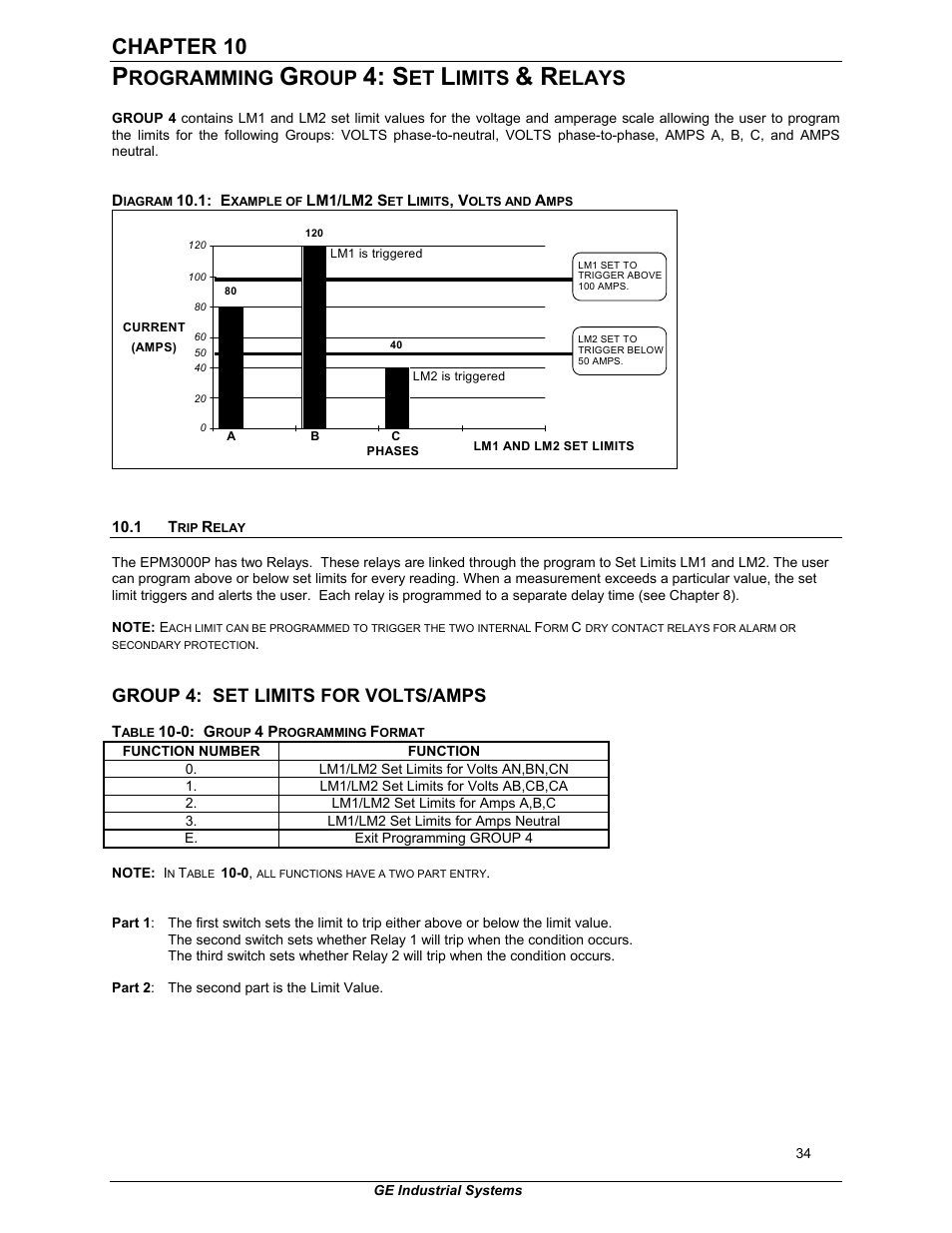 Chapter 10, Rogramming, Roup | Imits, Elays, Group 4: set limits for volts/amps | GE EPM 3000P User Manual | Page 39 / 46