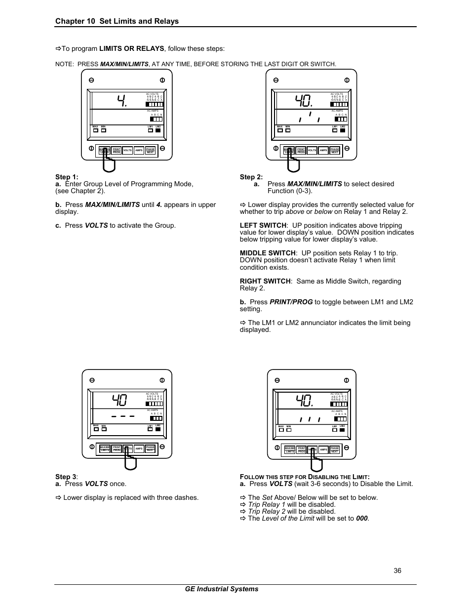 Chapter 10 set limits and relays, Öto program limits or relays , follow these steps, Step 3 : a. press volts once | Ölower display is replaced with three dashes. f, Ge industrial systems | GE EPM 3000P User Manual | Page 41 / 46