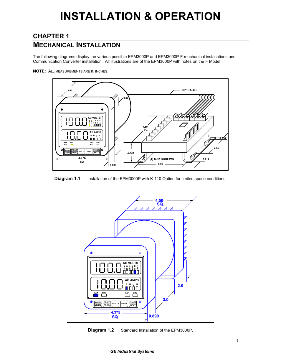 Installation & operation, Chapter 1, Echanical | Nstallation, Diagram 1.1, Diagram 1.2, Standard installation of the epm3000p, Ge industrial systems | GE EPM 3000P User Manual | Page 6 / 46
