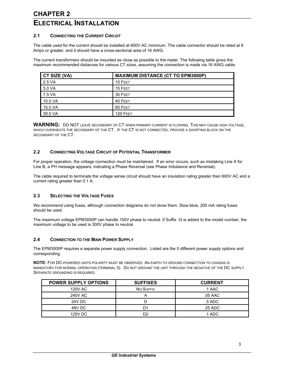 Chapter 2, Lectrical, Nstallation | GE EPM 3000P User Manual | Page 8 / 46