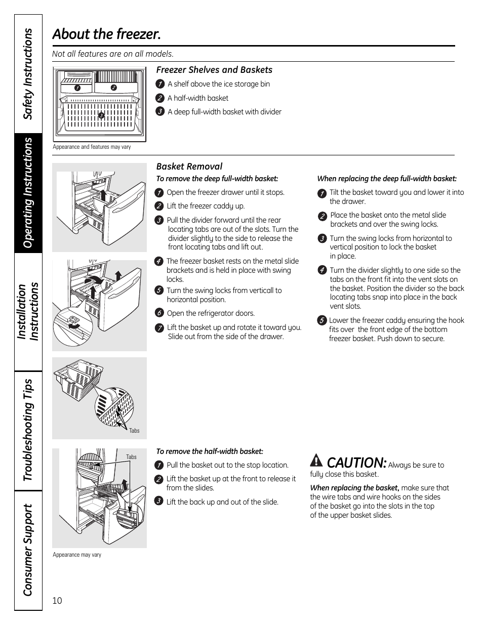 Freezer, About the freezer, Caution | GE 49-60612 User Manual | Page 10 / 136