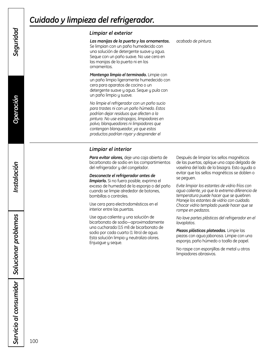Cuidado y limpieza del refrigerador , 101, Cuidado y limpieza del refrigerador | GE 49-60612 User Manual | Page 100 / 136
