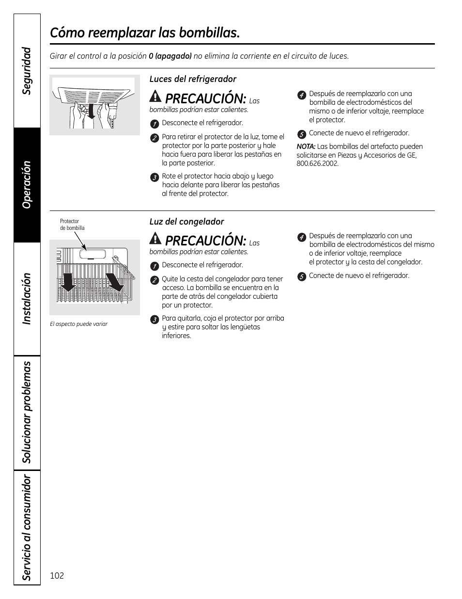 Cómo reemplazar las bombillas de luz, Precaución, Cómo reemplazar las bombillas | GE 49-60612 User Manual | Page 102 / 136