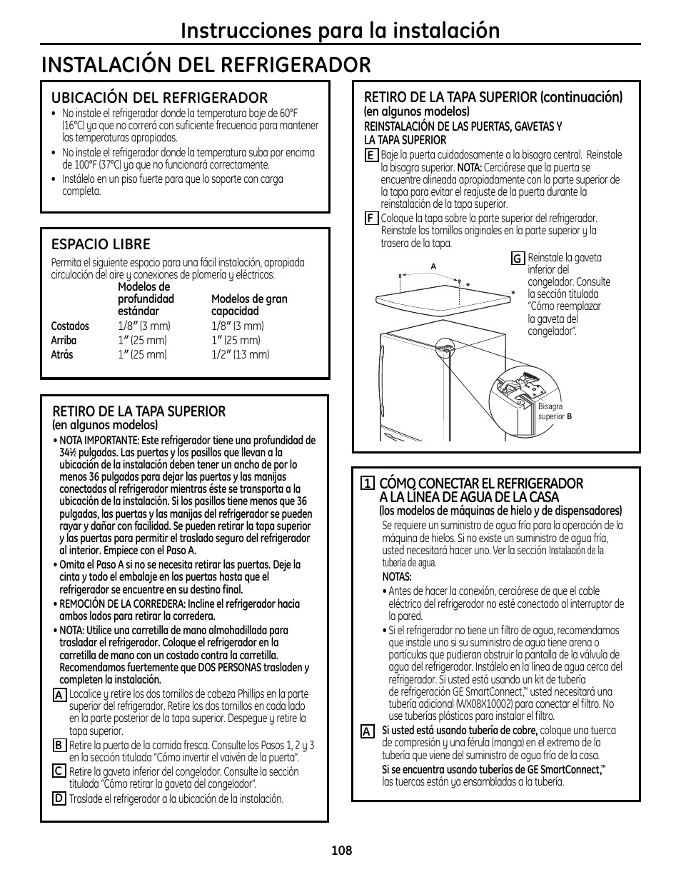 Instalación del refrigerador –112, Ubicación del refrigerador, Espacio libre | Retiro de la tapa superior (continuación), Retiro de la tapa superior | GE 49-60612 User Manual | Page 108 / 136
