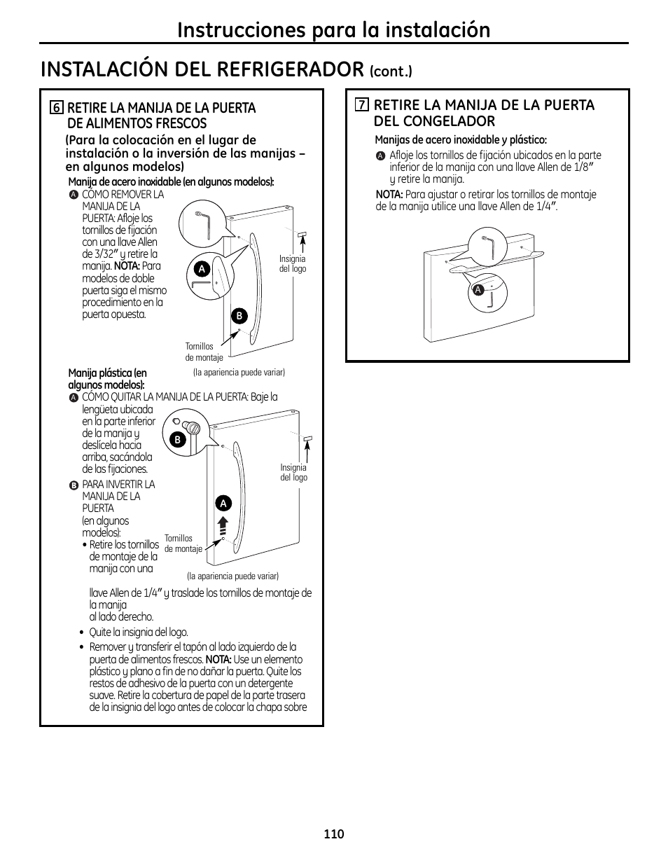Instrucciones para la instalación, Instalación del refrigerador, Retire la manija de la puerta de alimentos frescos | Retire la manija de la puerta del congelador, Cont.) | GE 49-60612 User Manual | Page 110 / 136