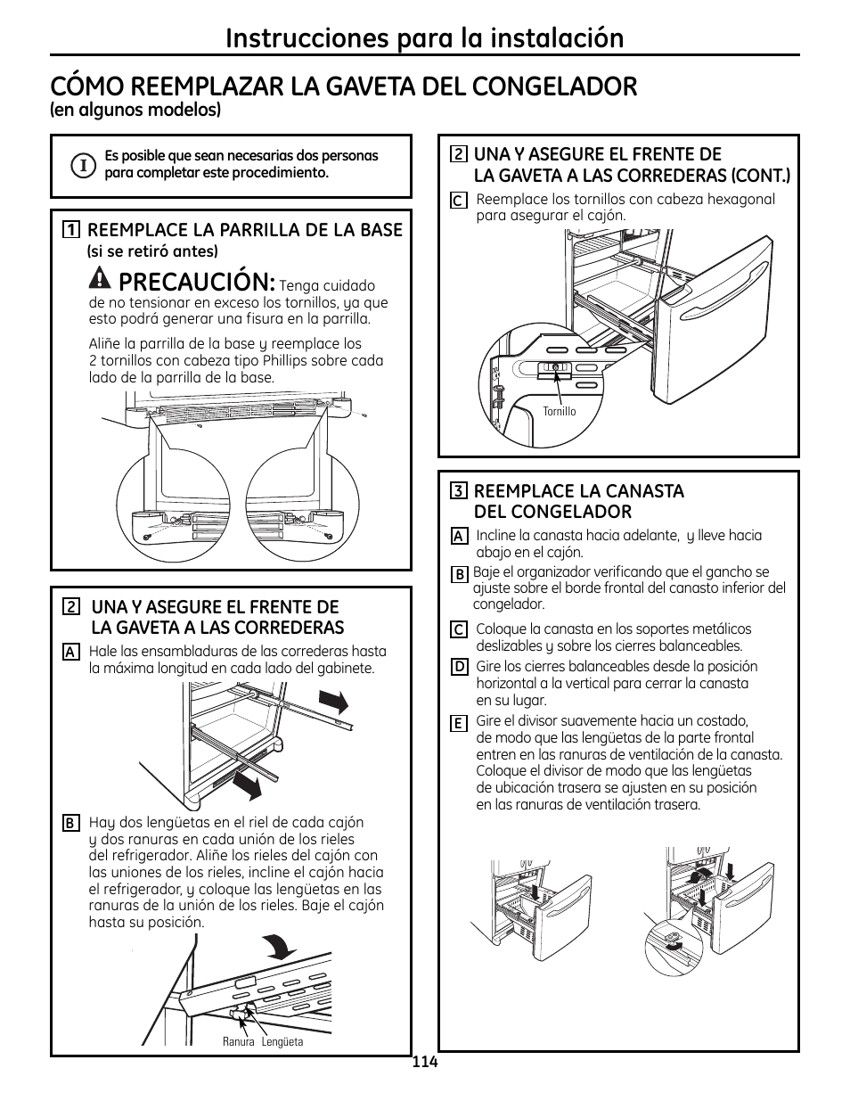 Cómo reemplazar la gaveta del congelador, Precaución | GE 49-60612 User Manual | Page 114 / 136