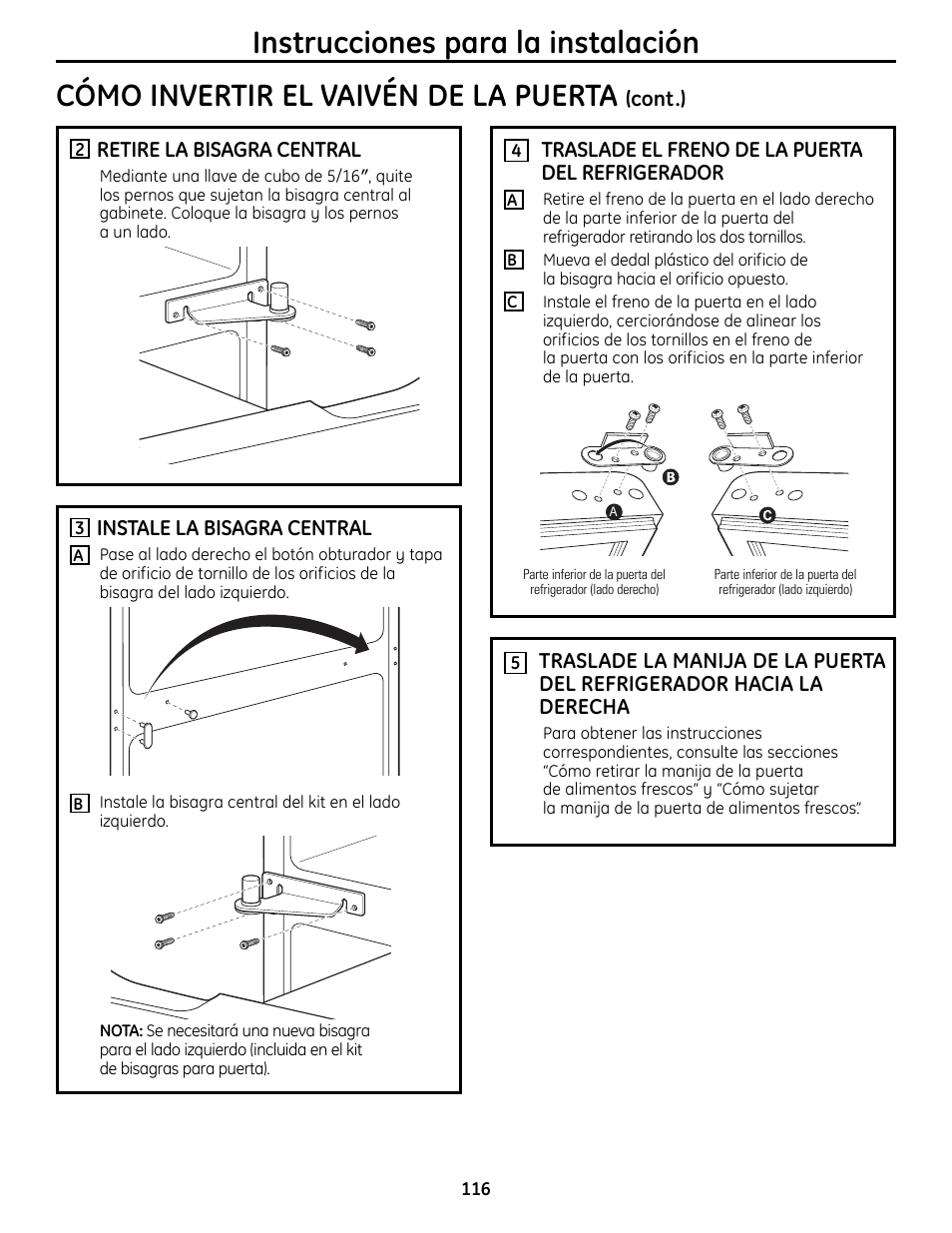Instrucciones para la instalación, Cómo invertir el vaivén de la puerta | GE 49-60612 User Manual | Page 116 / 136