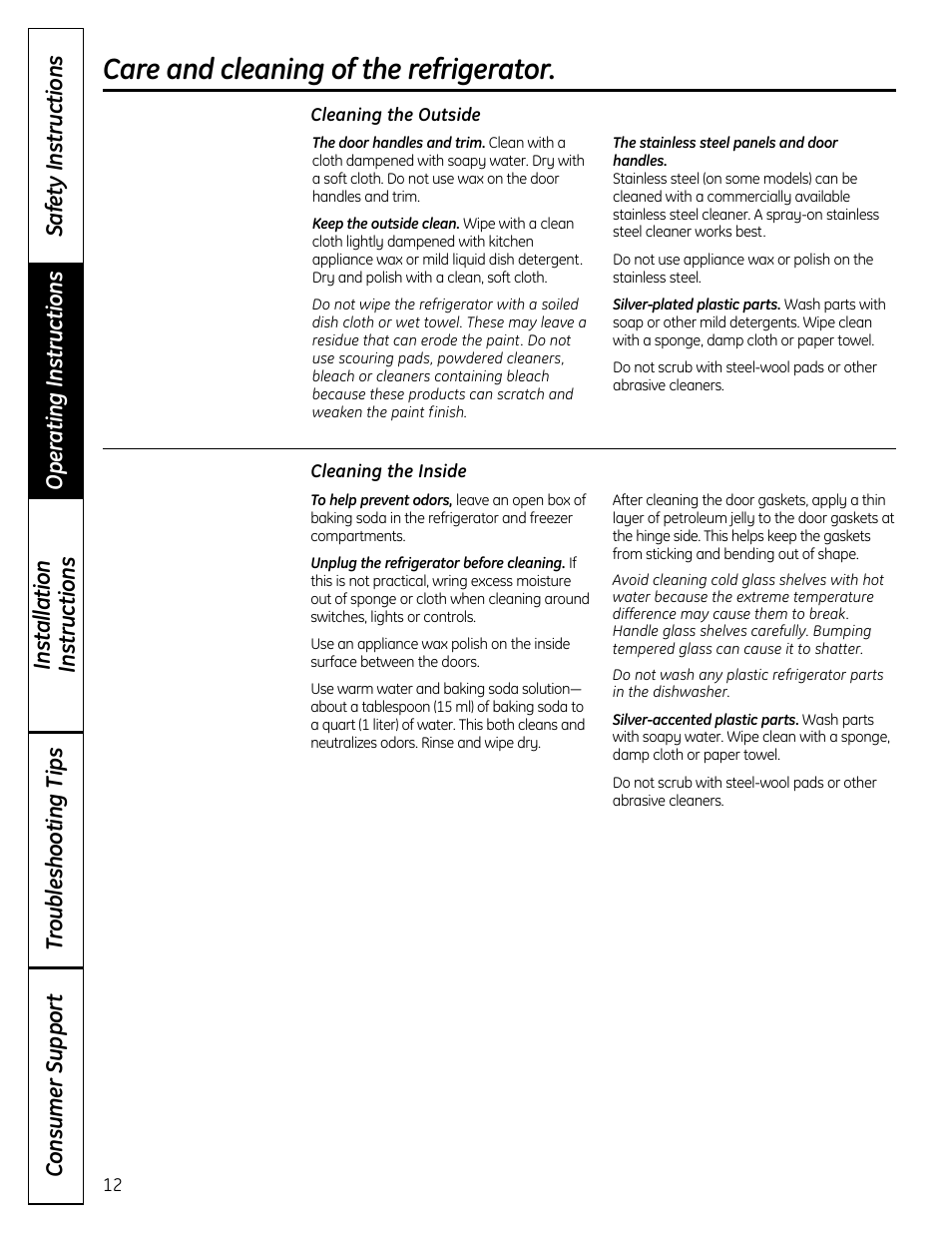 Care and cleaning , 13, Care and cleaning of the refrigerator | GE 49-60612 User Manual | Page 12 / 136