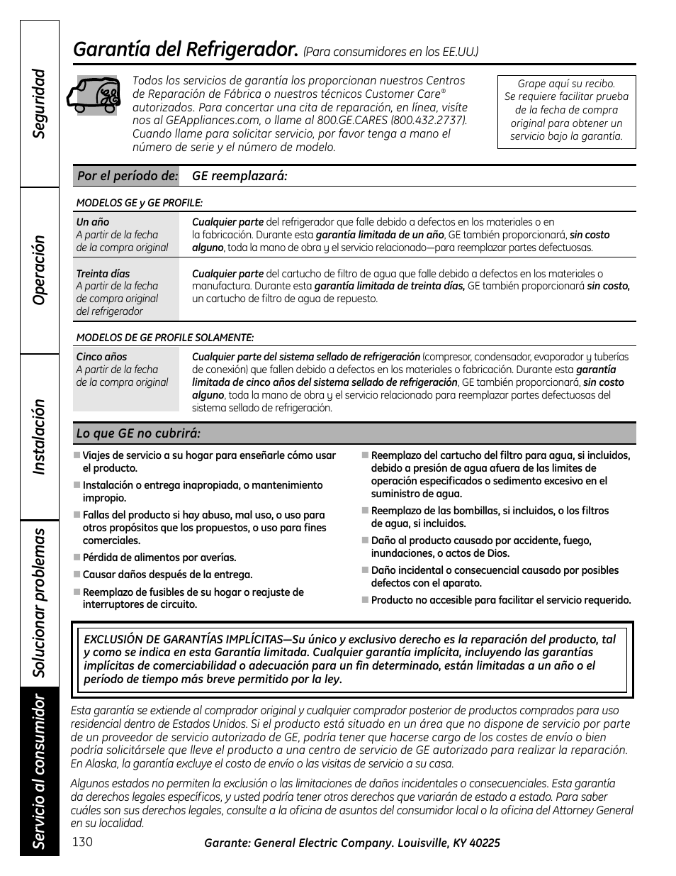 Garantía para consumidores en los estados unidos, Garantía del refrigerador | GE 49-60612 User Manual | Page 130 / 136