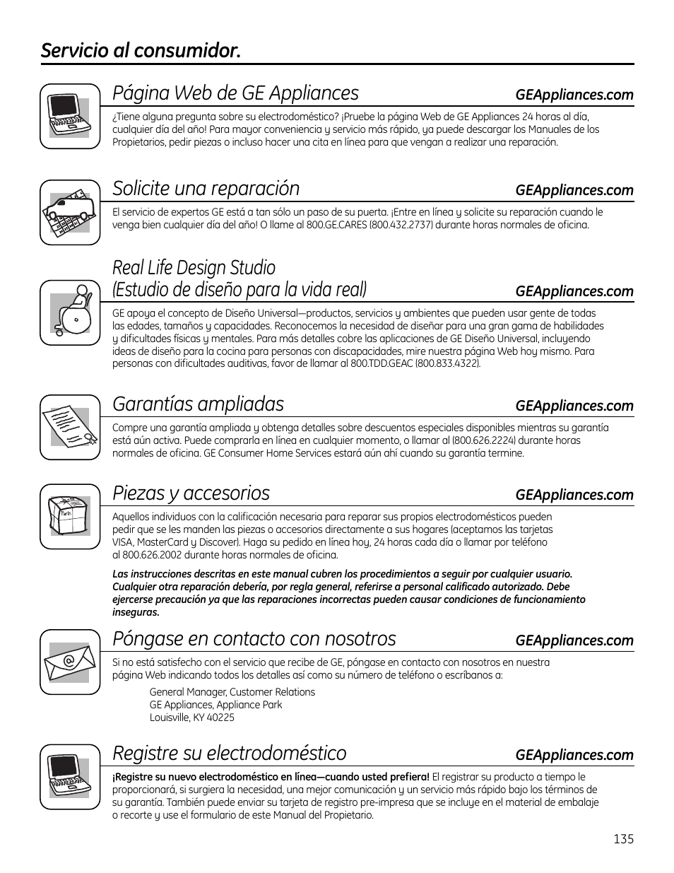 Servicio al consumidor, Solicite una reparación, Garantías ampliadas | Piezas y accesorios, Póngase en contacto con nosotros, Registre su electrodoméstico | GE 49-60612 User Manual | Page 135 / 136
