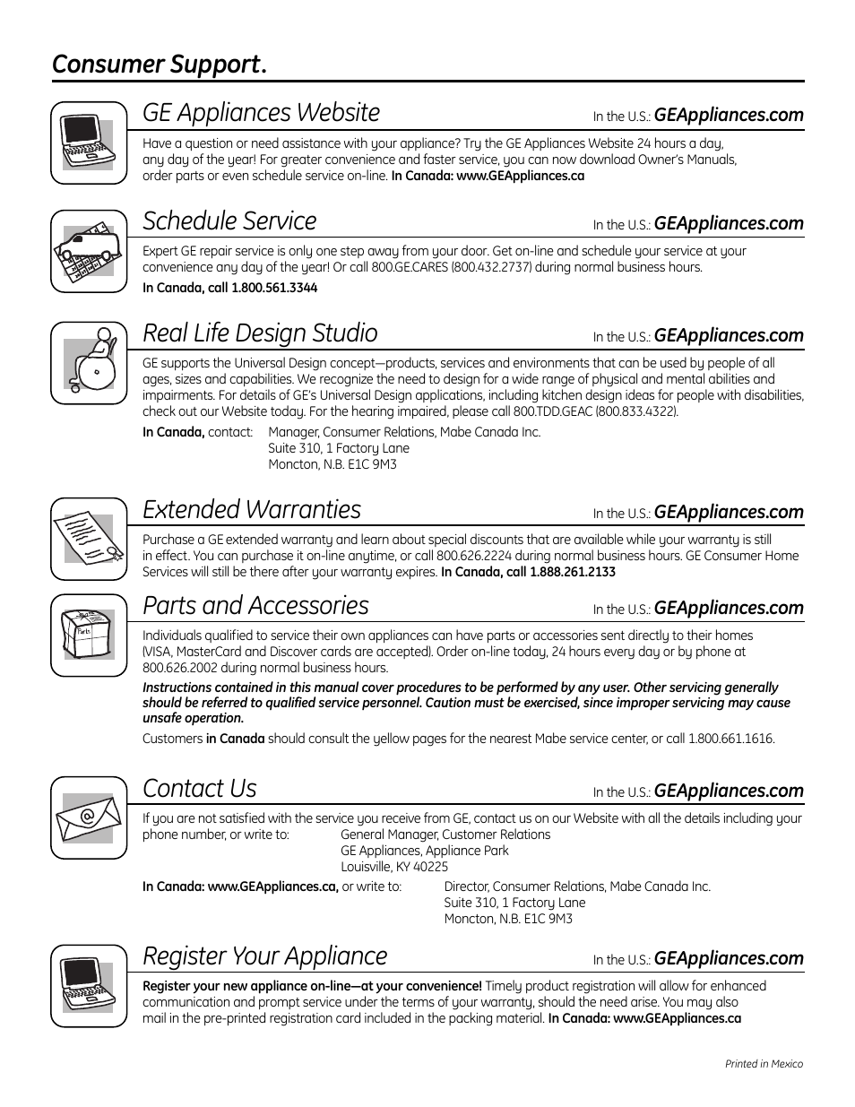 Consumer support. ge appliances website, Schedule service, Real life design studio | Extended warranties, Parts and accessories, Contact us, Register your appliance | GE 49-60612 User Manual | Page 136 / 136