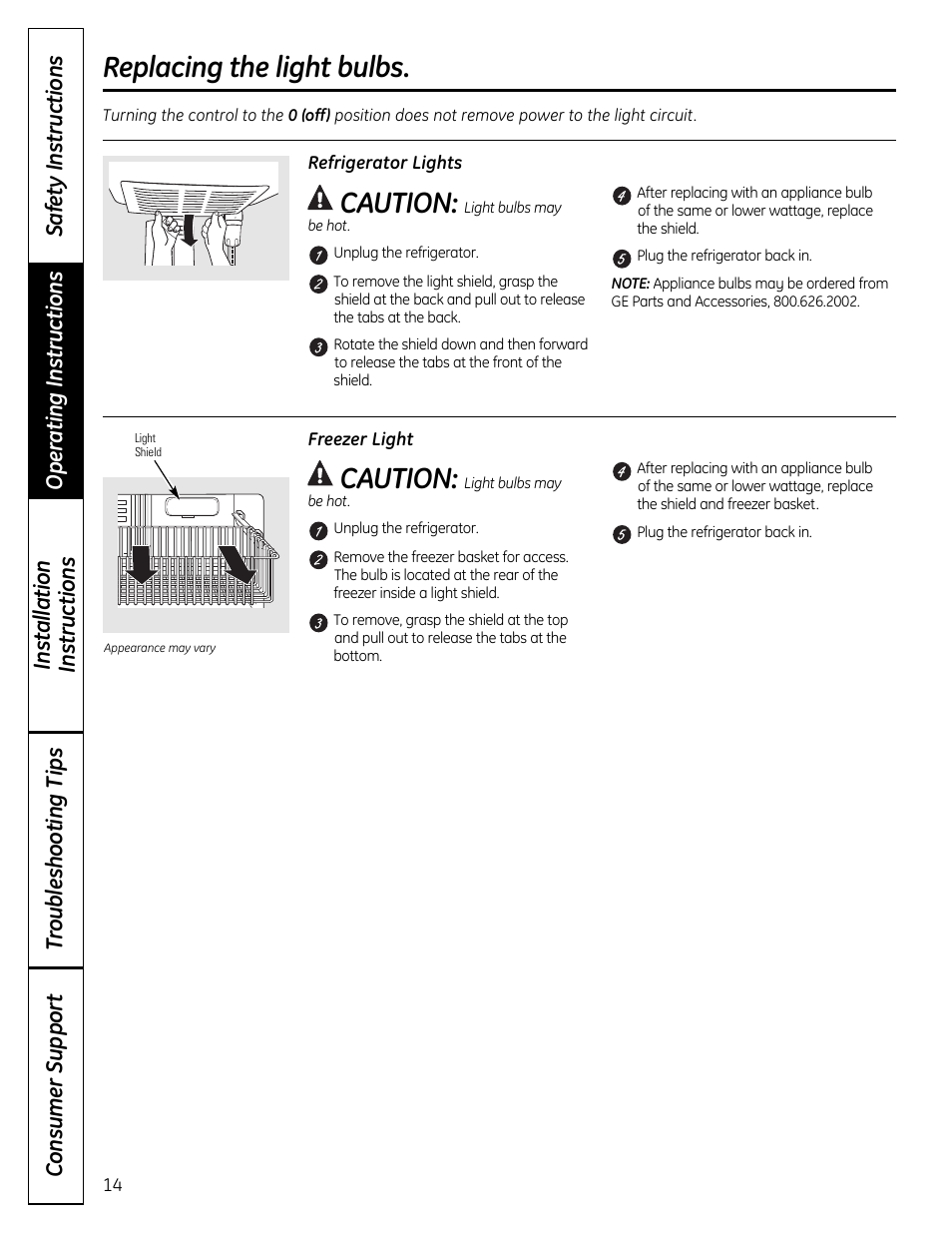 Replacing the light bulbs, Caution | GE 49-60612 User Manual | Page 14 / 136