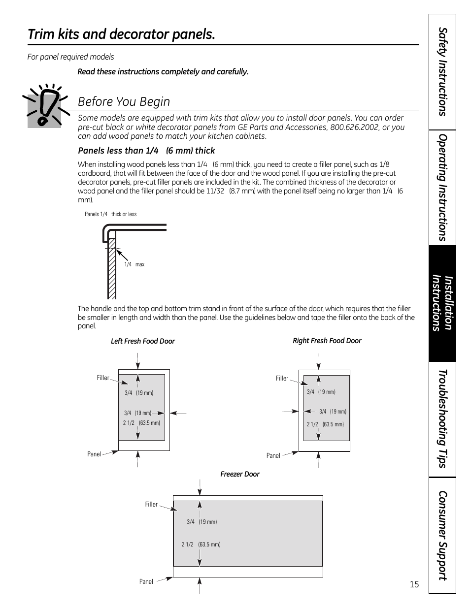 Trim kits and decorator, Panels , 16, Trim kits and decorator panels | Before you begin | GE 49-60612 User Manual | Page 15 / 136