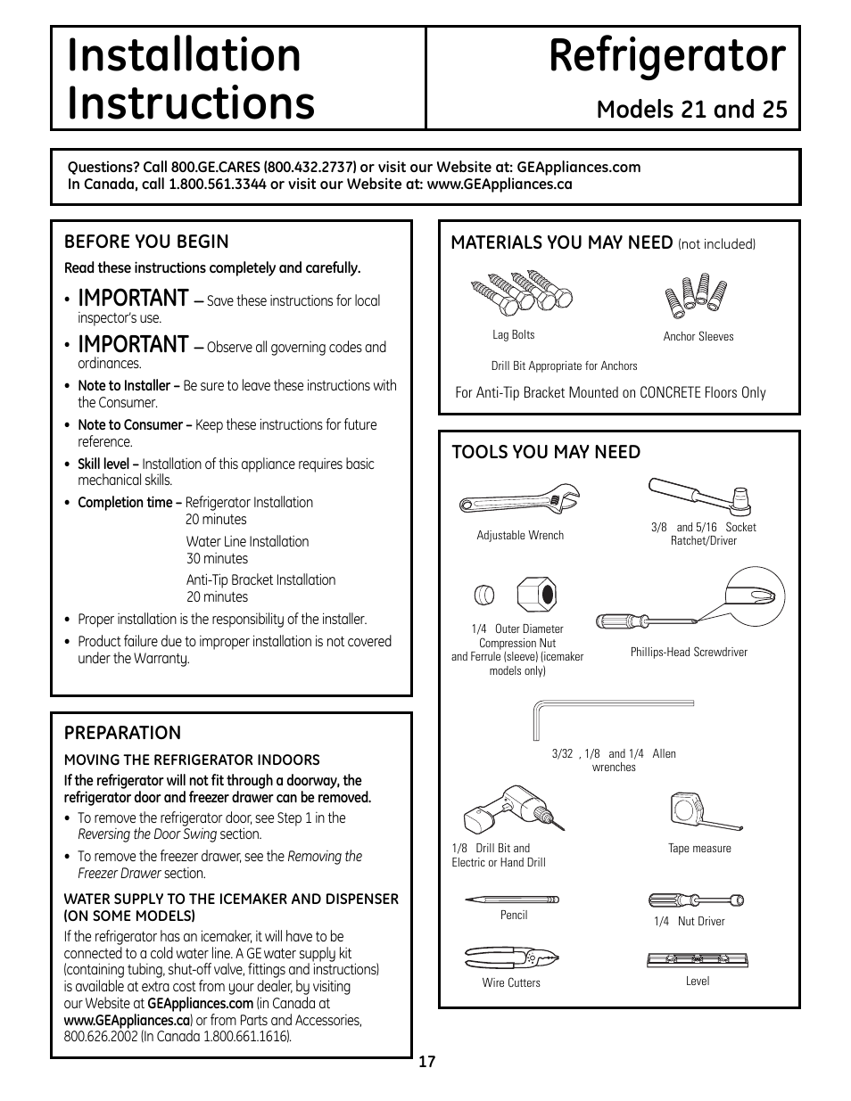 Preparing to install, The refrigerator, Installation refrigerator instructions | Models 21 and 25, Important | GE 49-60612 User Manual | Page 17 / 136