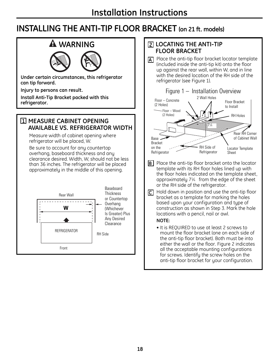 Installing the anti-tip, Floor bracket , 19, Warning | Locating the anti-tip floor bracket, Figure 1 – installation overview, On 21 ft. models) | GE 49-60612 User Manual | Page 18 / 136