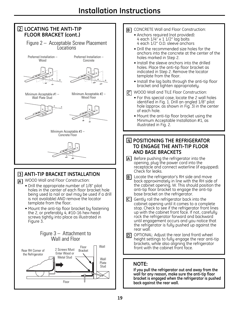 Installation instructions, Locating the anti-tip floor bracket (cont.), Figure 2 – acceptable screw placement locations | Anti-tip bracket installation | GE 49-60612 User Manual | Page 19 / 136
