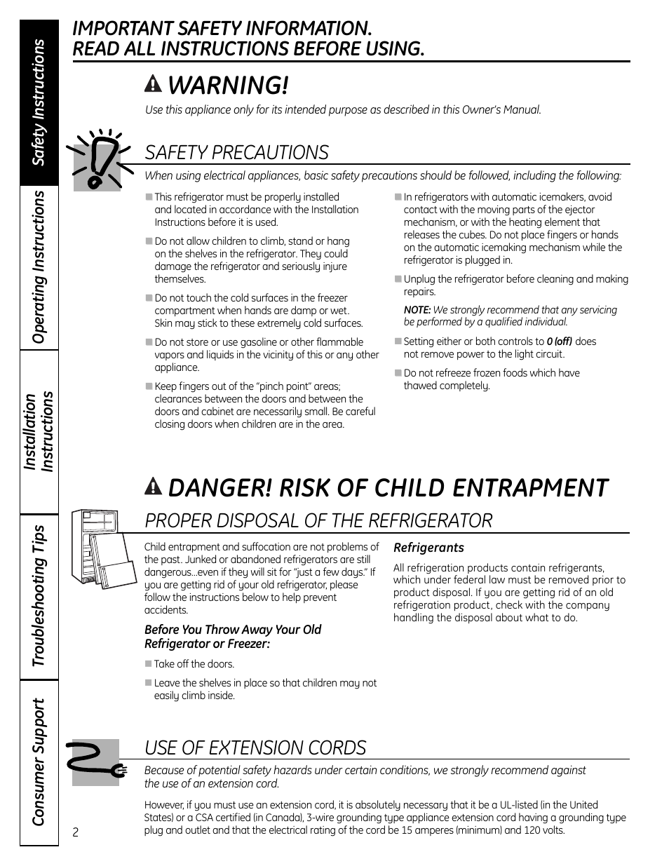 Safety instructions, Warning, Danger! risk of child entrapment | Safety precautions, Proper disposal of the refrigerator, Use of extension cords | GE 49-60612 User Manual | Page 2 / 136