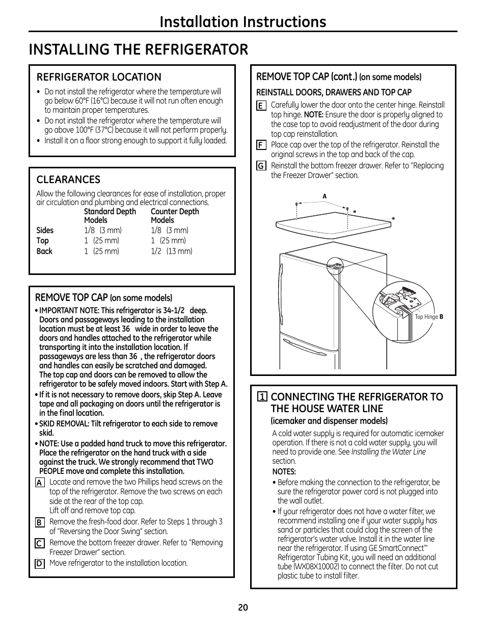 Installing the refrigerator –24, Refrigerator location, Clearances | Remove top cap, Remove top cap (cont.) | GE 49-60612 User Manual | Page 20 / 136