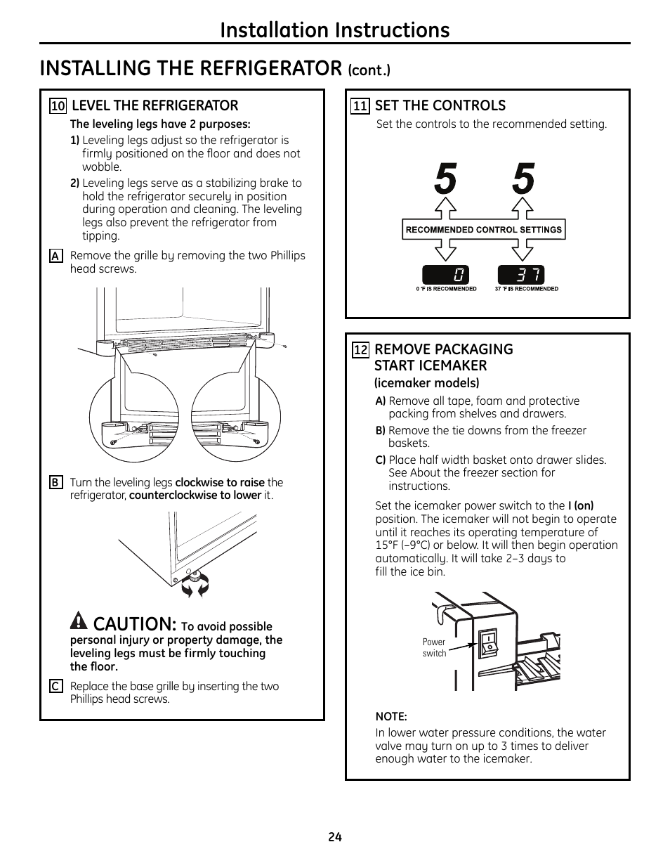 Installation instructions, Installing the refrigerator, Caution | GE 49-60612 User Manual | Page 24 / 136