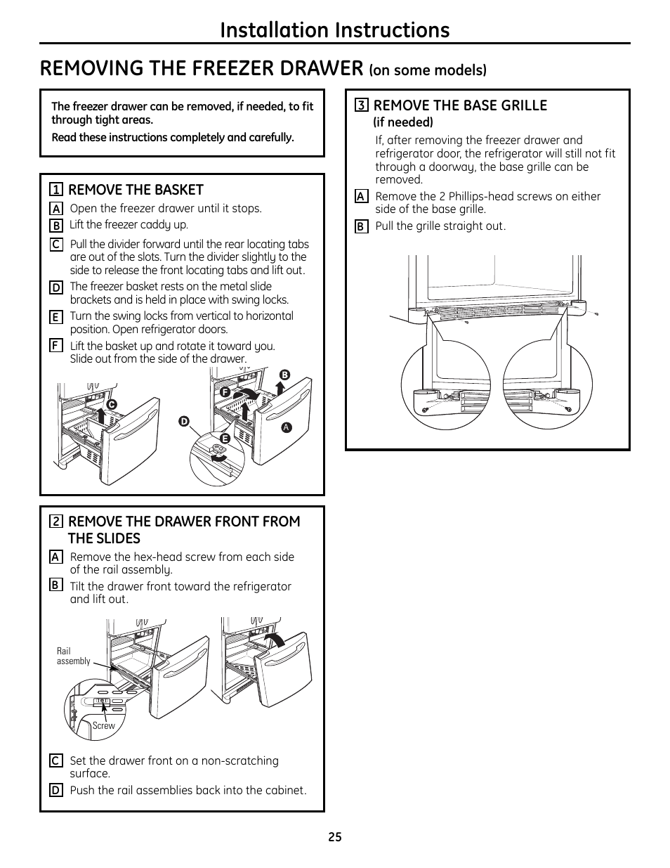 Removing and replacing the, Freezer drawer , 26, Installation instructions | Removing the freezer drawer | GE 49-60612 User Manual | Page 25 / 136