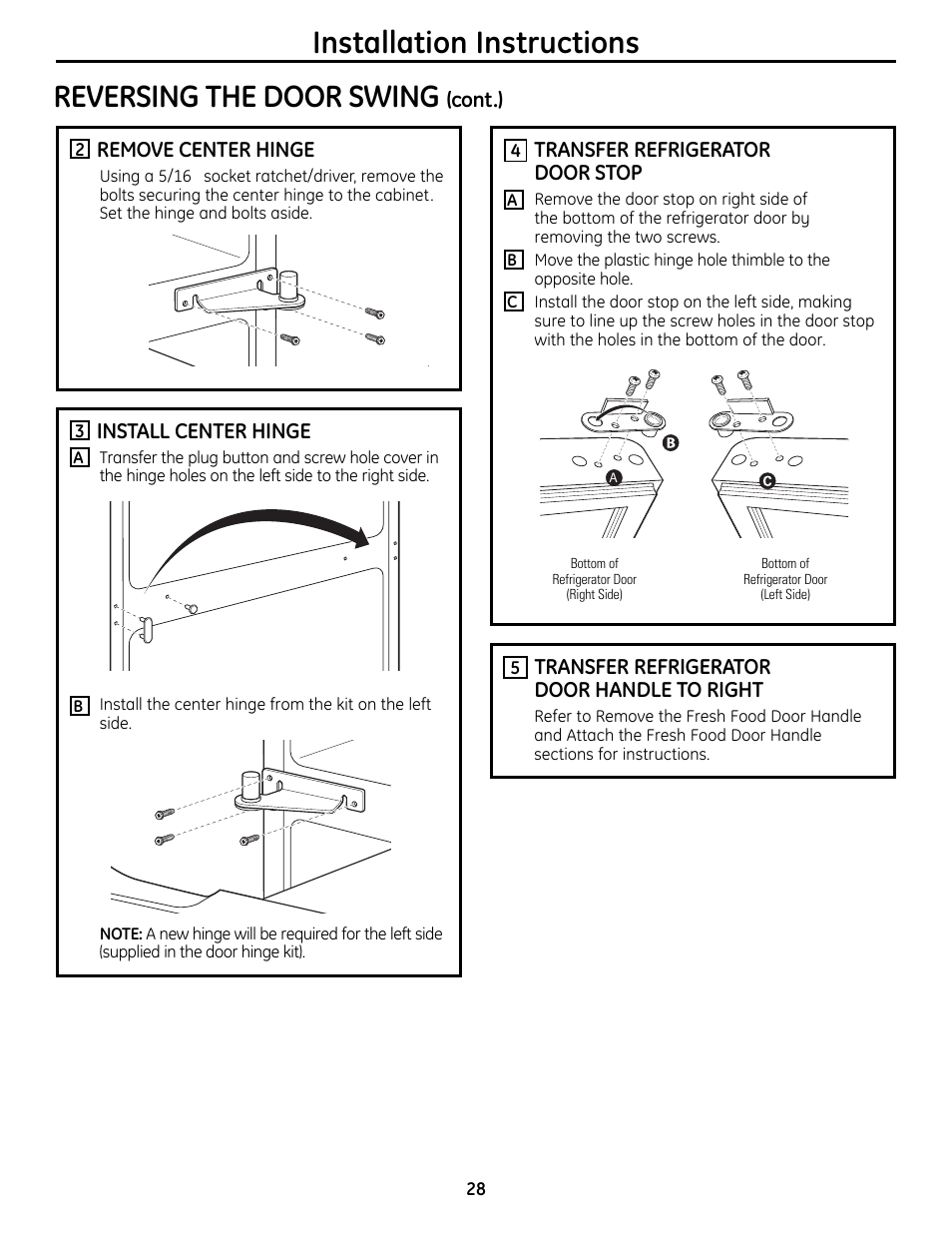 Installation instructions, Reversing the door swing | GE 49-60612 User Manual | Page 28 / 136