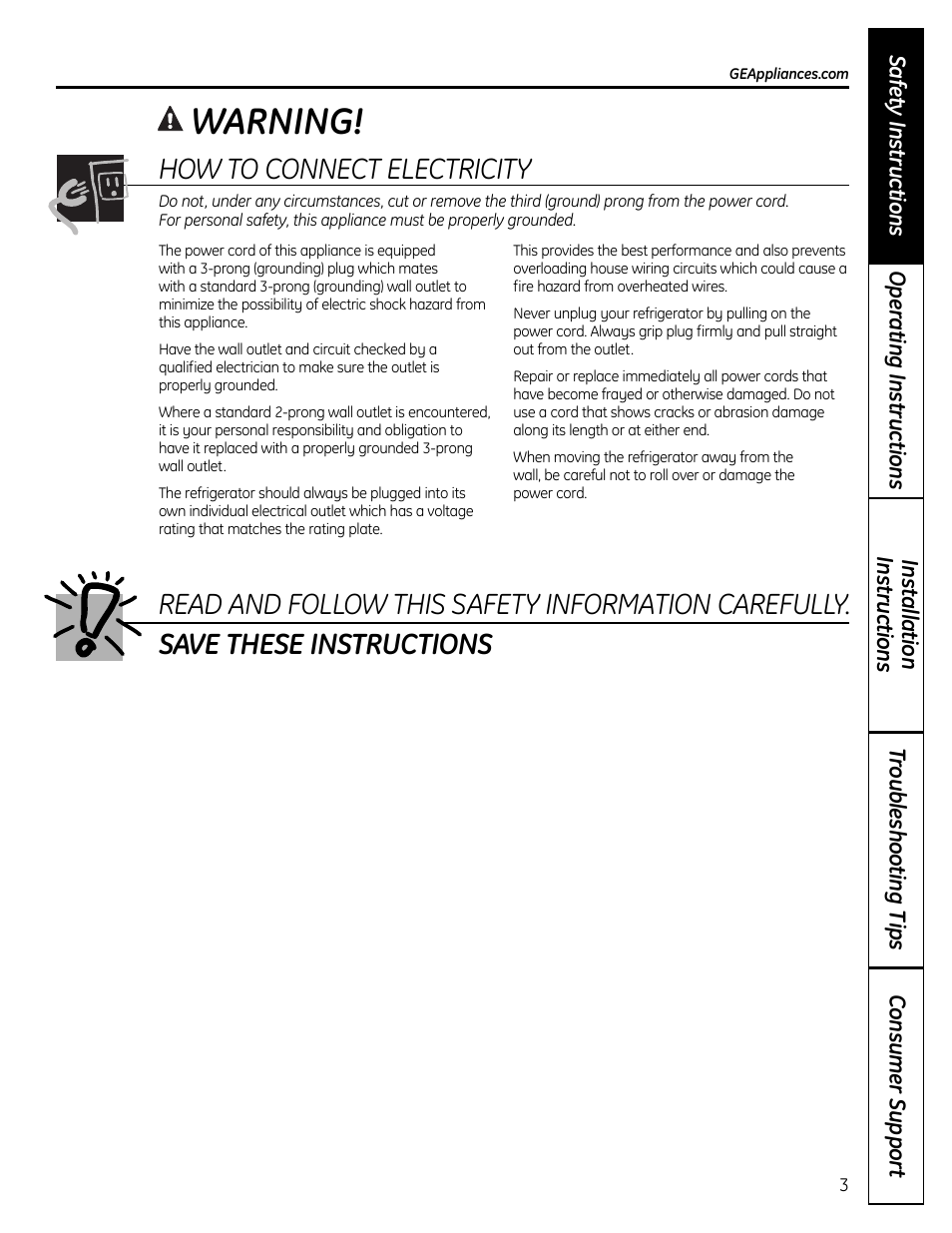 Warning, How to connect electricity | GE 49-60612 User Manual | Page 3 / 136