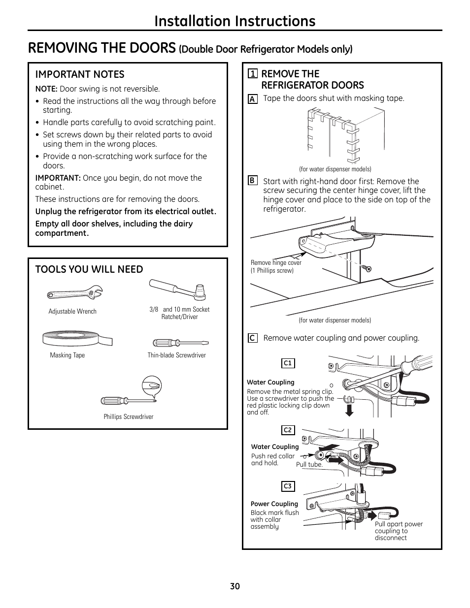 Removing and replacing, The doors (double door, Refrigerator models only) –32 | Installation instructions removing the doors, Remove the refrigerator doors, Tools you will need | GE 49-60612 User Manual | Page 30 / 136