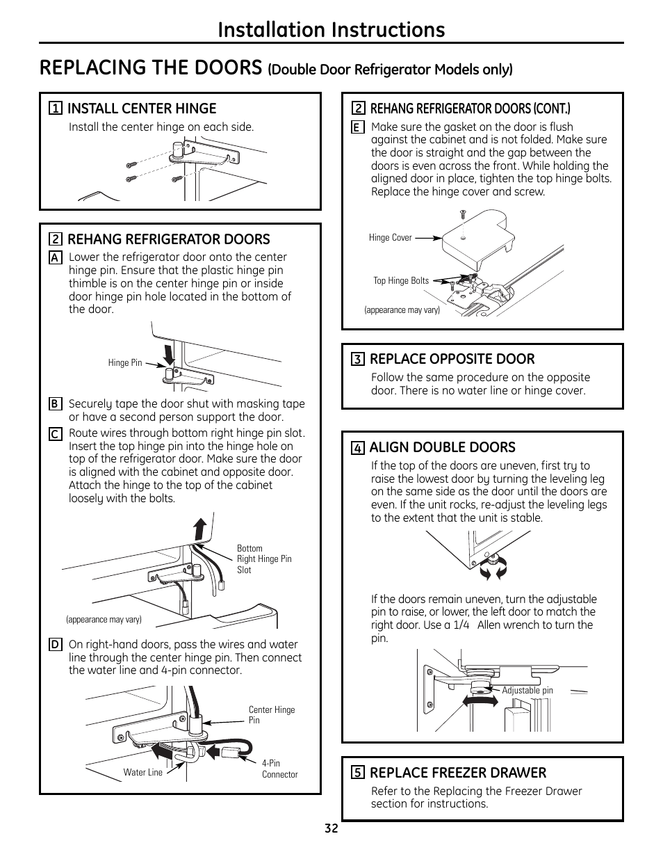 Installation instructions replacing the doors, Rehang refrigerator doors, Rehang refrigerator doors (cont.) | Align double doors, Replace freezer drawer, Replace opposite door | GE 49-60612 User Manual | Page 32 / 136