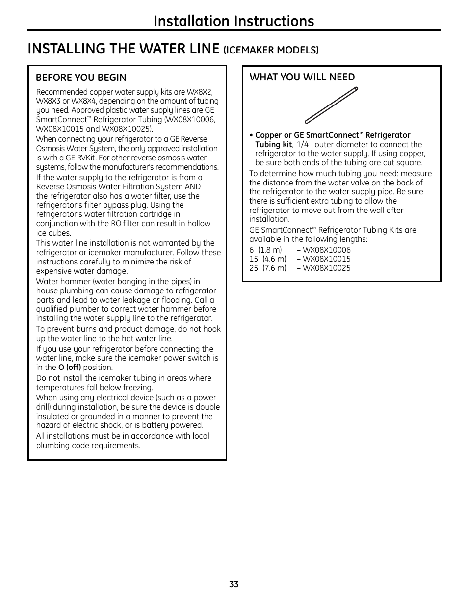 Installing the water line –35, Installation instructions, Installing the water line | Icemaker models), Before you begin what you will need | GE 49-60612 User Manual | Page 33 / 136