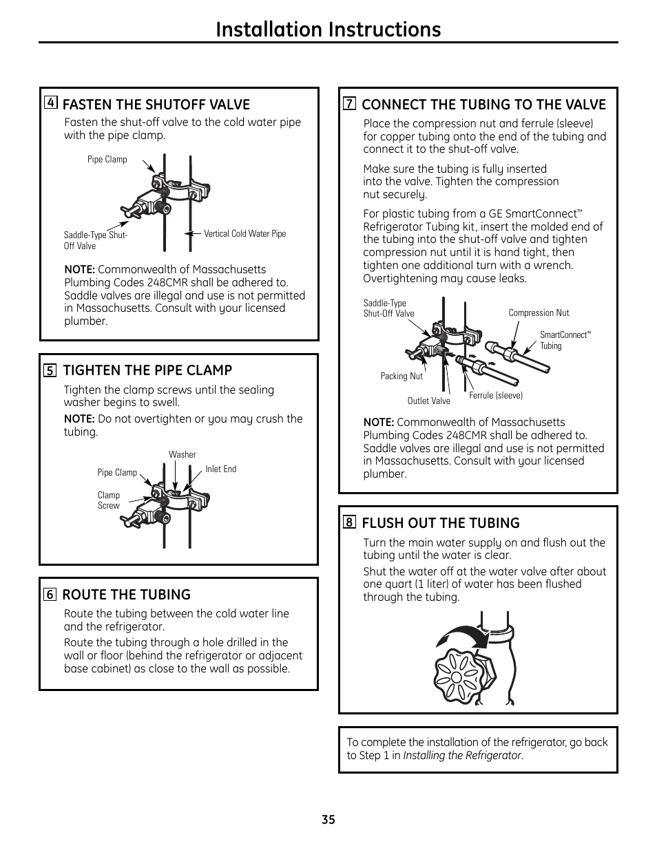 Installation instructions, Connect the tubing to the valve, Flush out the tubing | Fasten the shutoff valve, Tighten the pipe clamp, Route the tubing | GE 49-60612 User Manual | Page 35 / 136