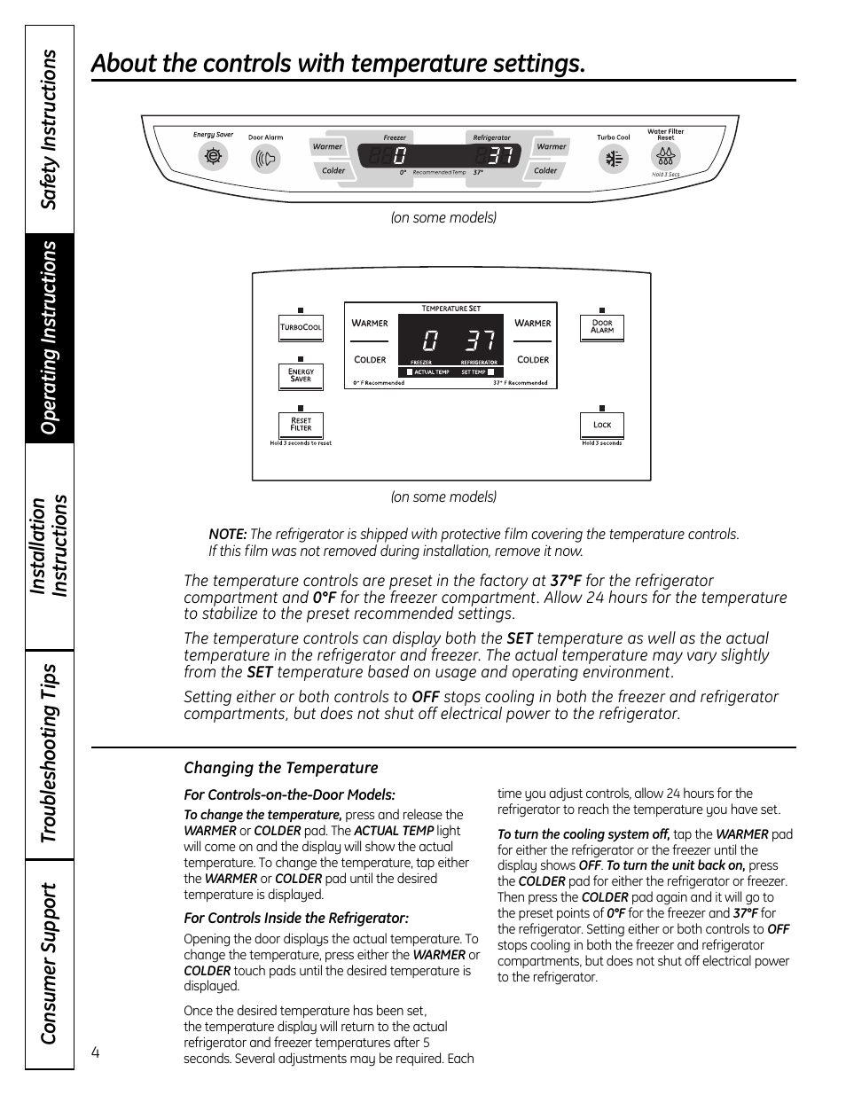 Controls , 5, About the controls with temperature settings | GE 49-60612 User Manual | Page 4 / 136