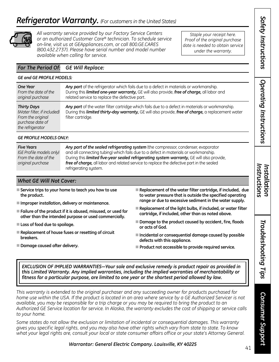 Warranty for u.s. customers, Refrigerator warranty | GE 49-60612 User Manual | Page 41 / 136