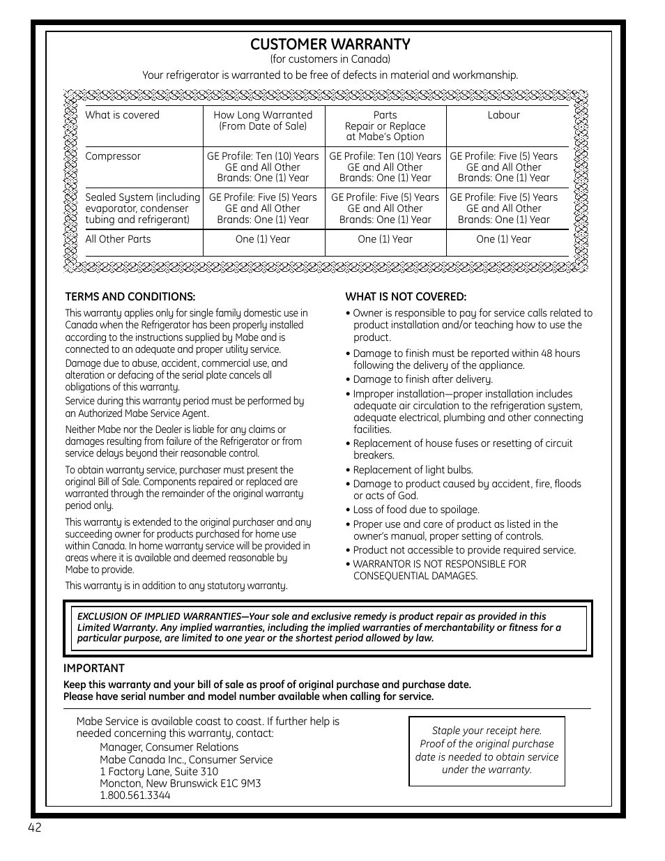 Warranty for canadian, Customers, Customer warranty | GE 49-60612 User Manual | Page 42 / 136