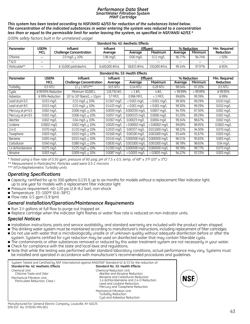Consumer support . . . . . . . .back cover, Performance data sheet, Operating specifications | Special notices | GE 49-60612 User Manual | Page 43 / 136