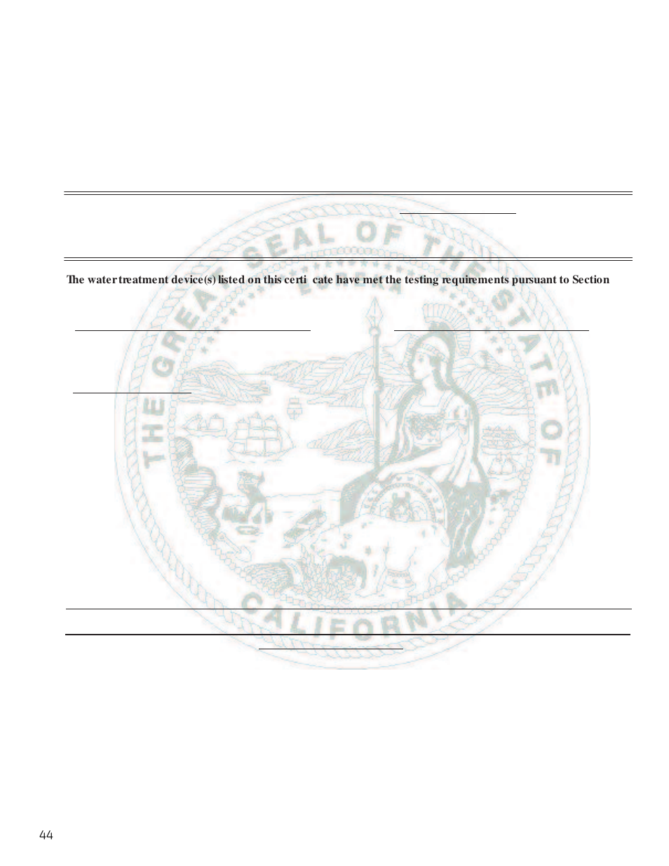 State of california water, Treatment device certificate, Water treatment device certificate number | GE 49-60612 User Manual | Page 44 / 136
