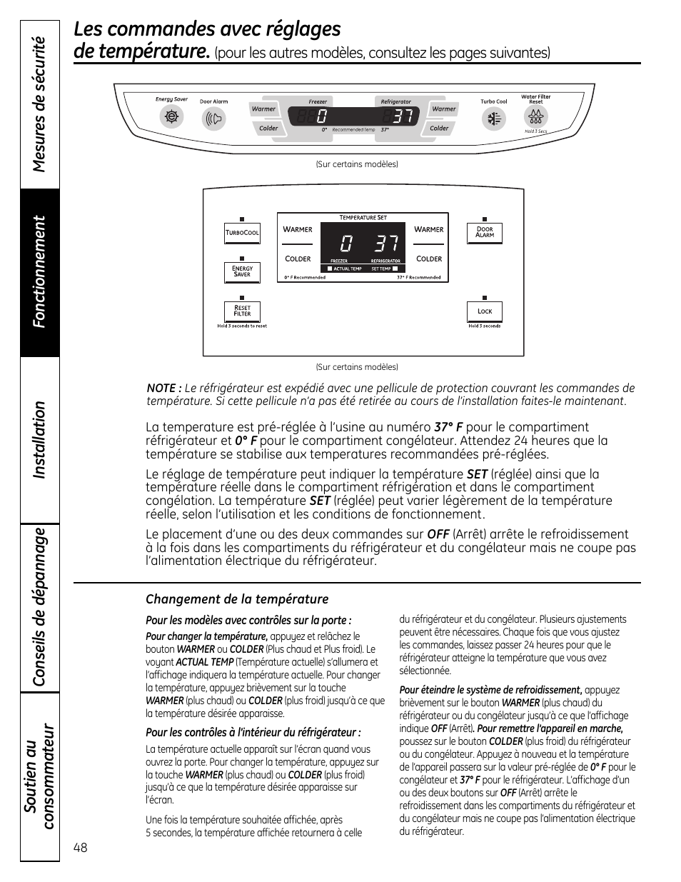 Les commandes , 49, Les commandes avec réglages de température | GE 49-60612 User Manual | Page 48 / 136