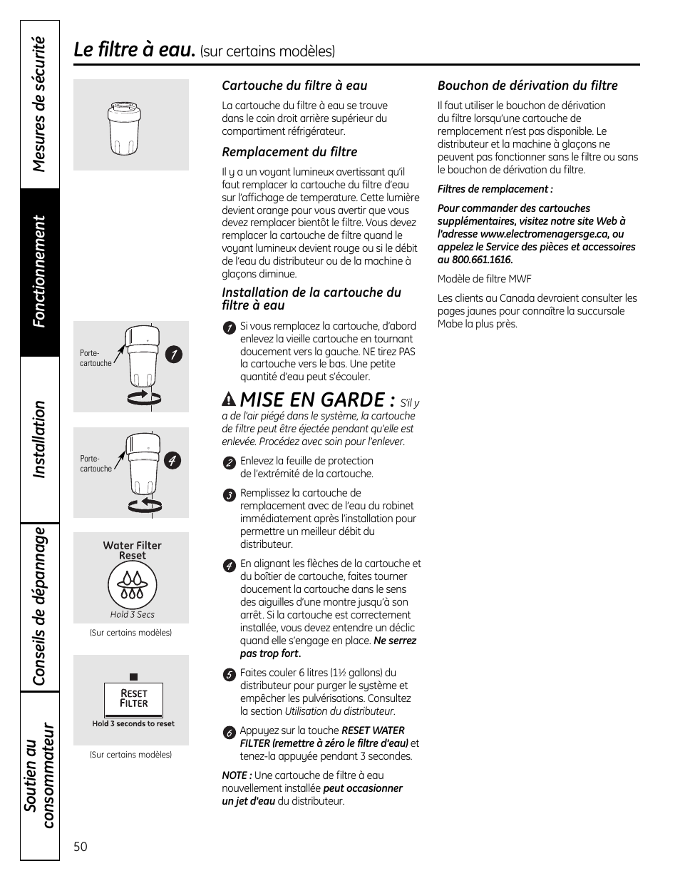 Le filtre à eau, Mise en garde | GE 49-60612 User Manual | Page 50 / 136