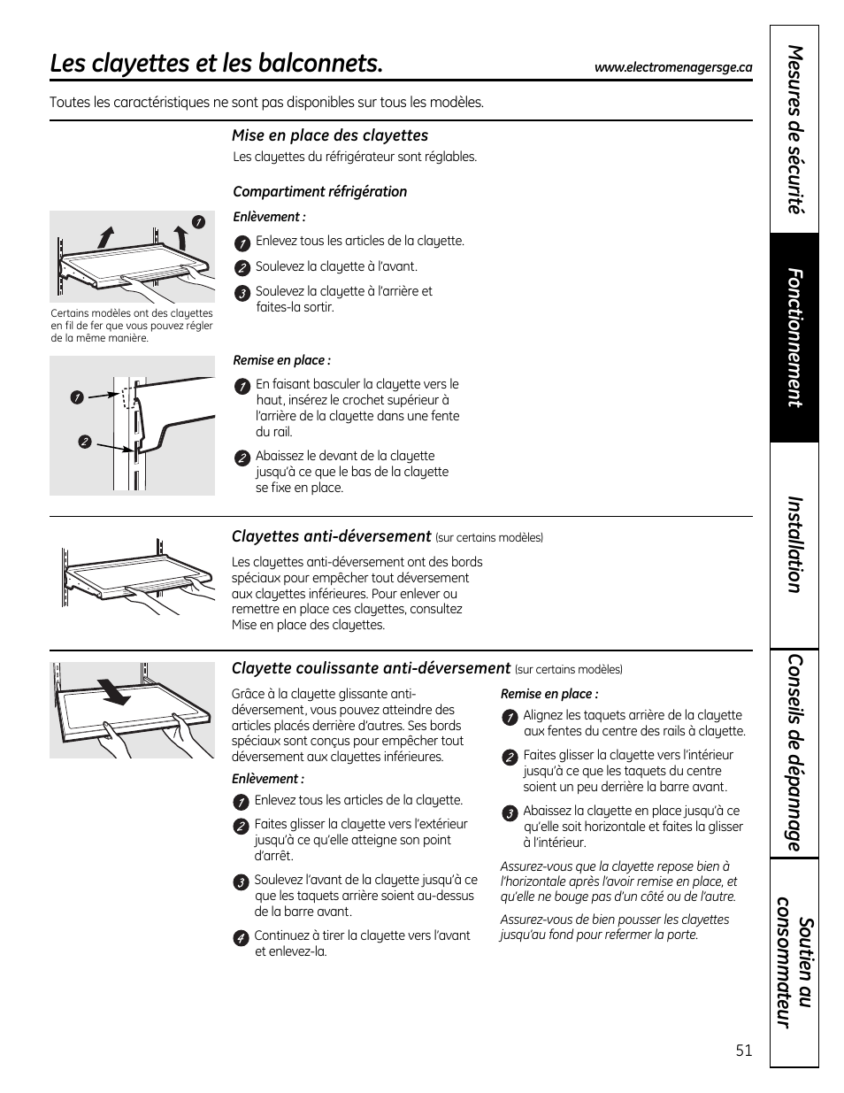 Clayettes et bacs , 52, Les clayettes et les balconnets | GE 49-60612 User Manual | Page 51 / 136
