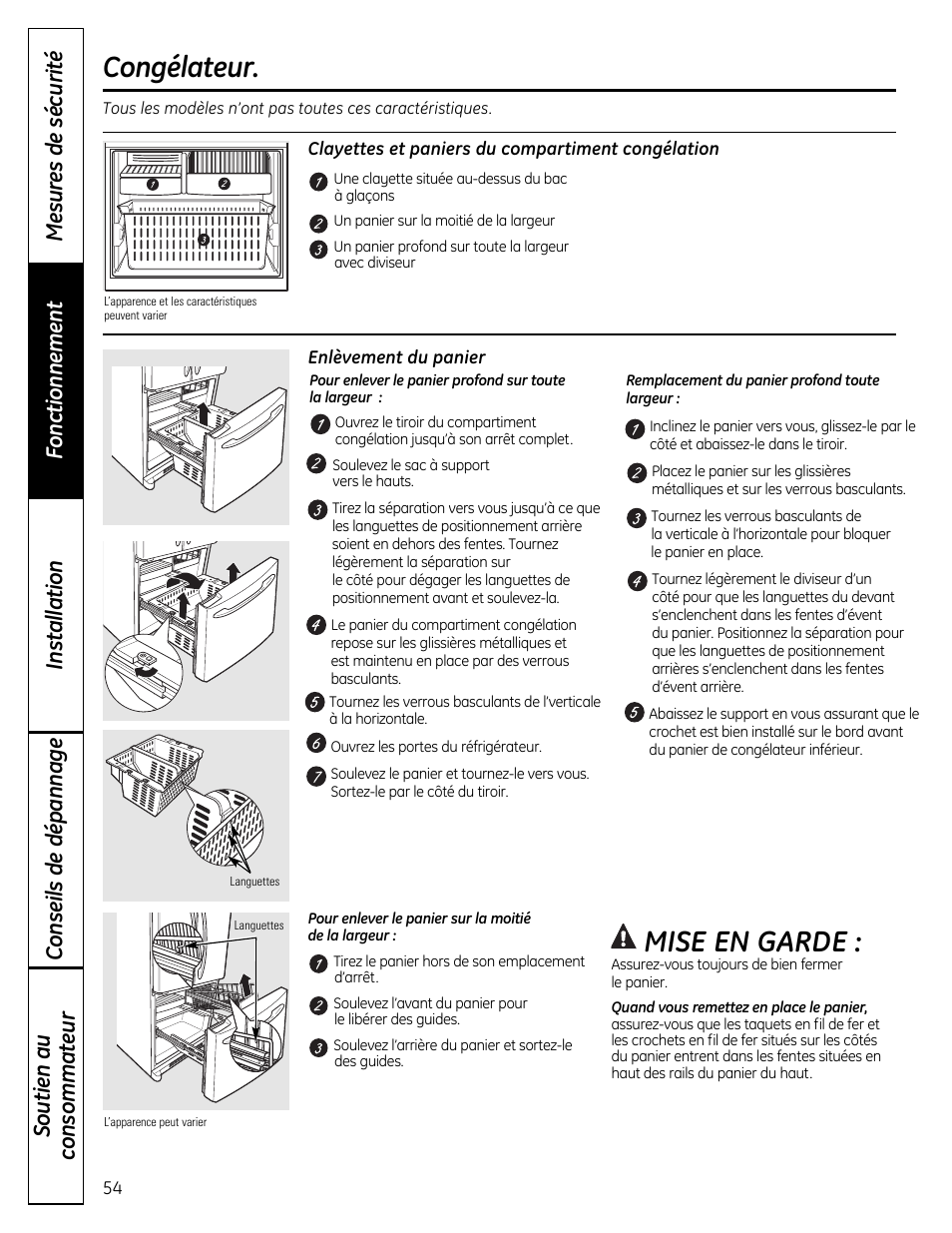 Congélateur, Mise en garde | GE 49-60612 User Manual | Page 54 / 136