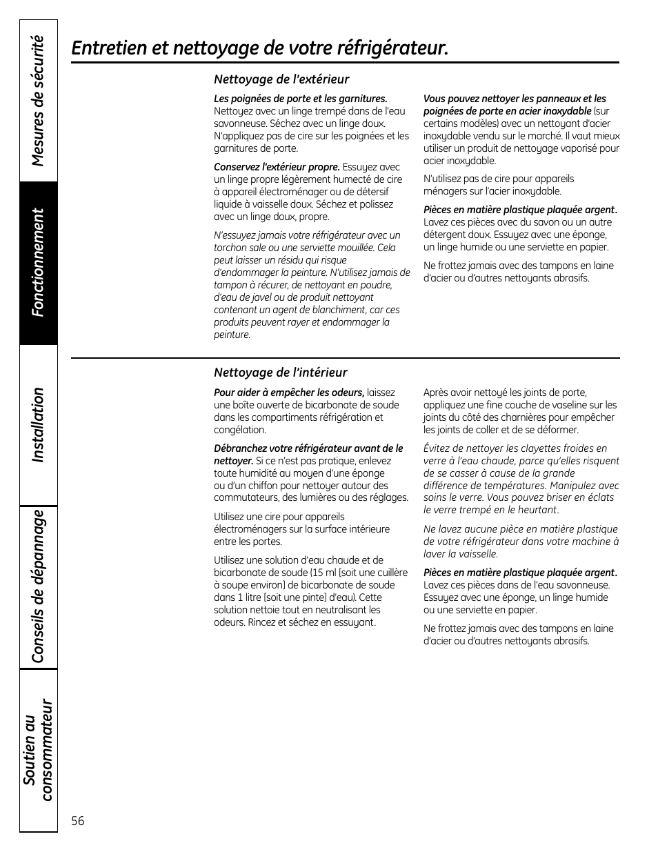 Entretien et nettoyage du réfrigérateur , 57, Entretien et nettoyage de votre réfrigérateur | GE 49-60612 User Manual | Page 56 / 136