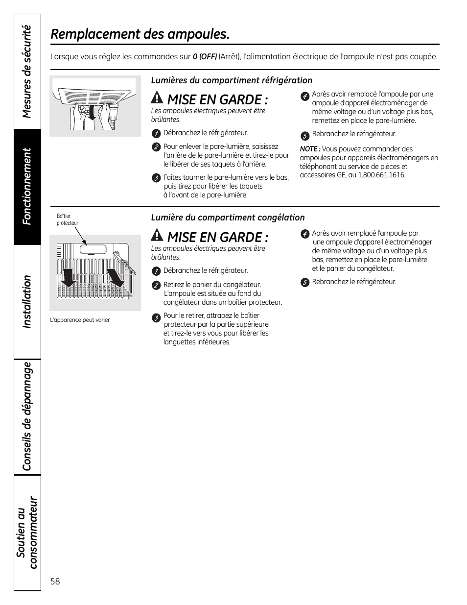 Remplacement des ampoules, Mise en garde | GE 49-60612 User Manual | Page 58 / 136