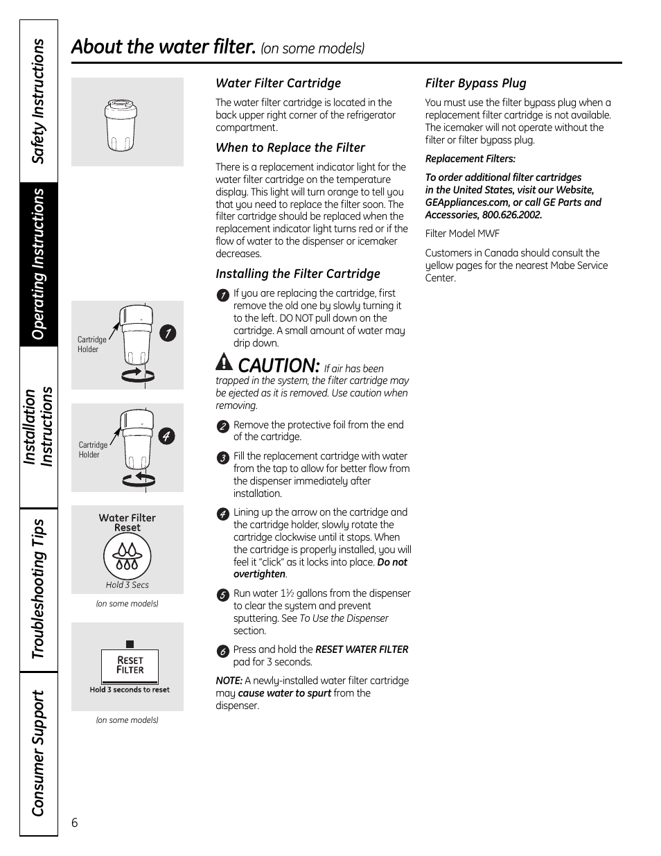 Water filter, Caution, About the water filter | GE 49-60612 User Manual | Page 6 / 136