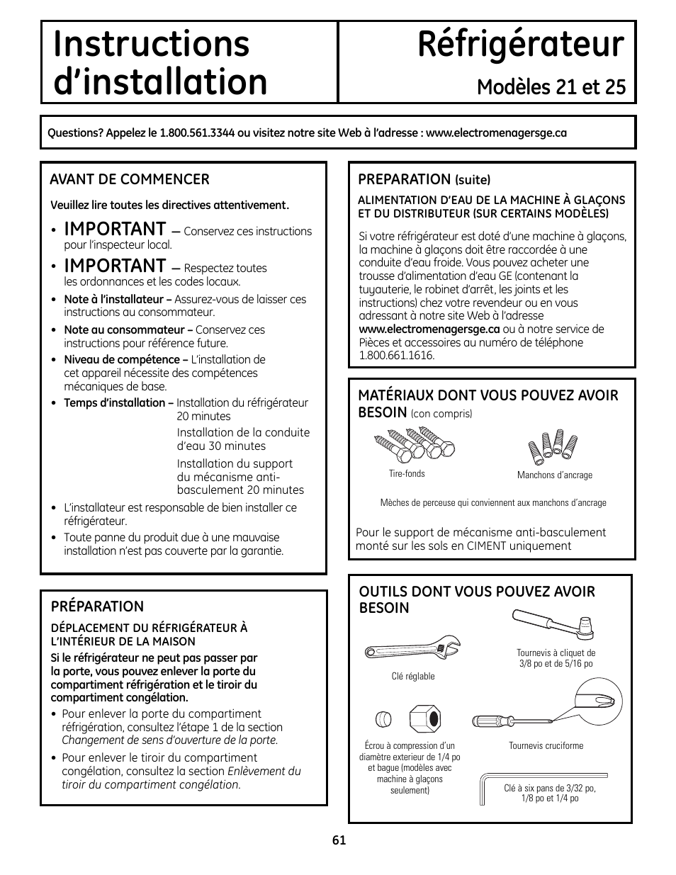 Préparation, Instructions réfrigérateur d’installation, Modèles 21 et 25 | Important | GE 49-60612 User Manual | Page 61 / 136