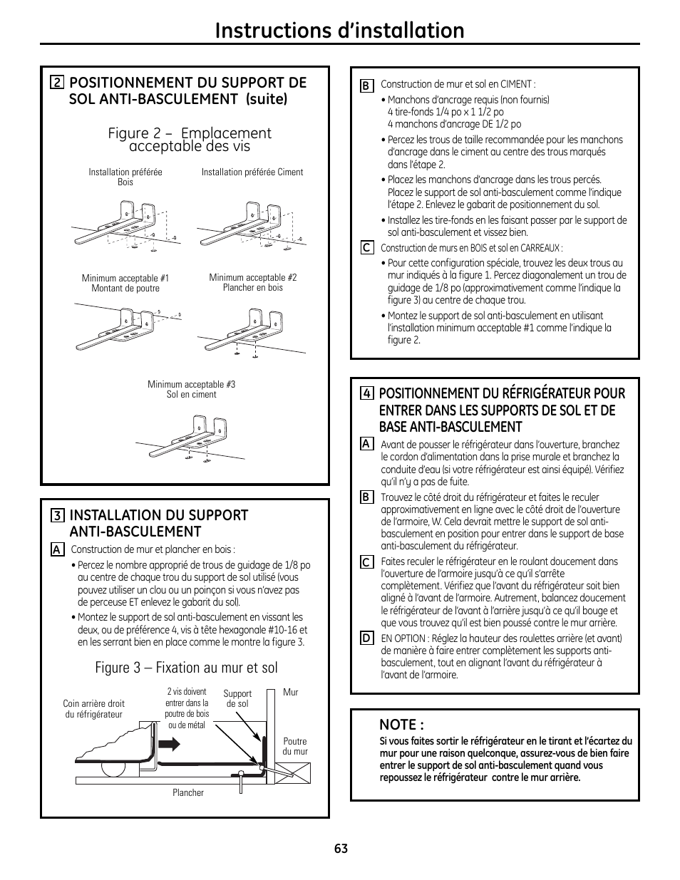 Instructions d’installation, Figure 2 – emplacement acceptable des vis, Installation du support anti-basculement | GE 49-60612 User Manual | Page 63 / 136