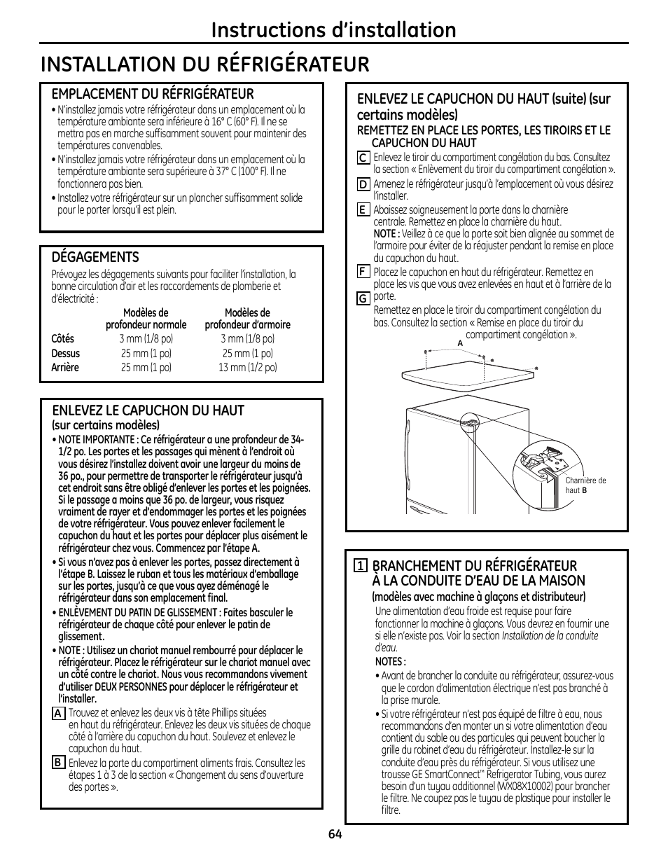 Installation du réfrigérateur –68, Emplacement du réfrigérateur, Dégagements | Enlevez le capuchon du haut | GE 49-60612 User Manual | Page 64 / 136