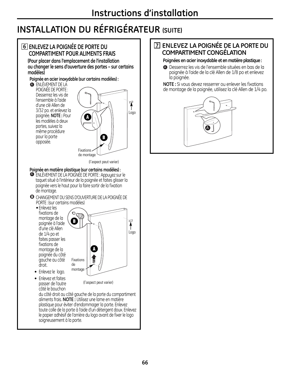 Instructions d’installation, Installation du réfrigérateur, Suite) | GE 49-60612 User Manual | Page 66 / 136