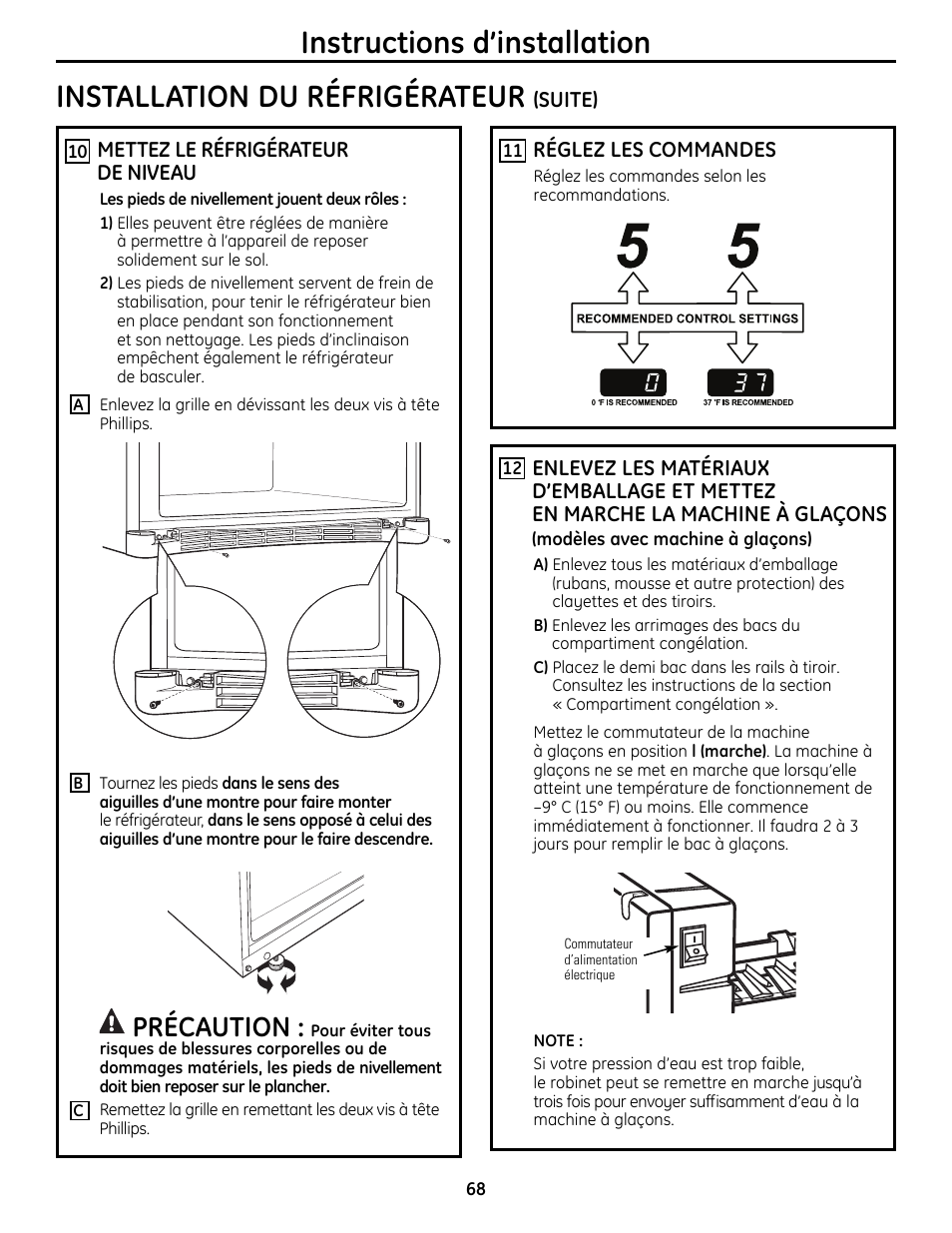Instructions d’installation, Installation du réfrigérateur, Précaution | GE 49-60612 User Manual | Page 68 / 136