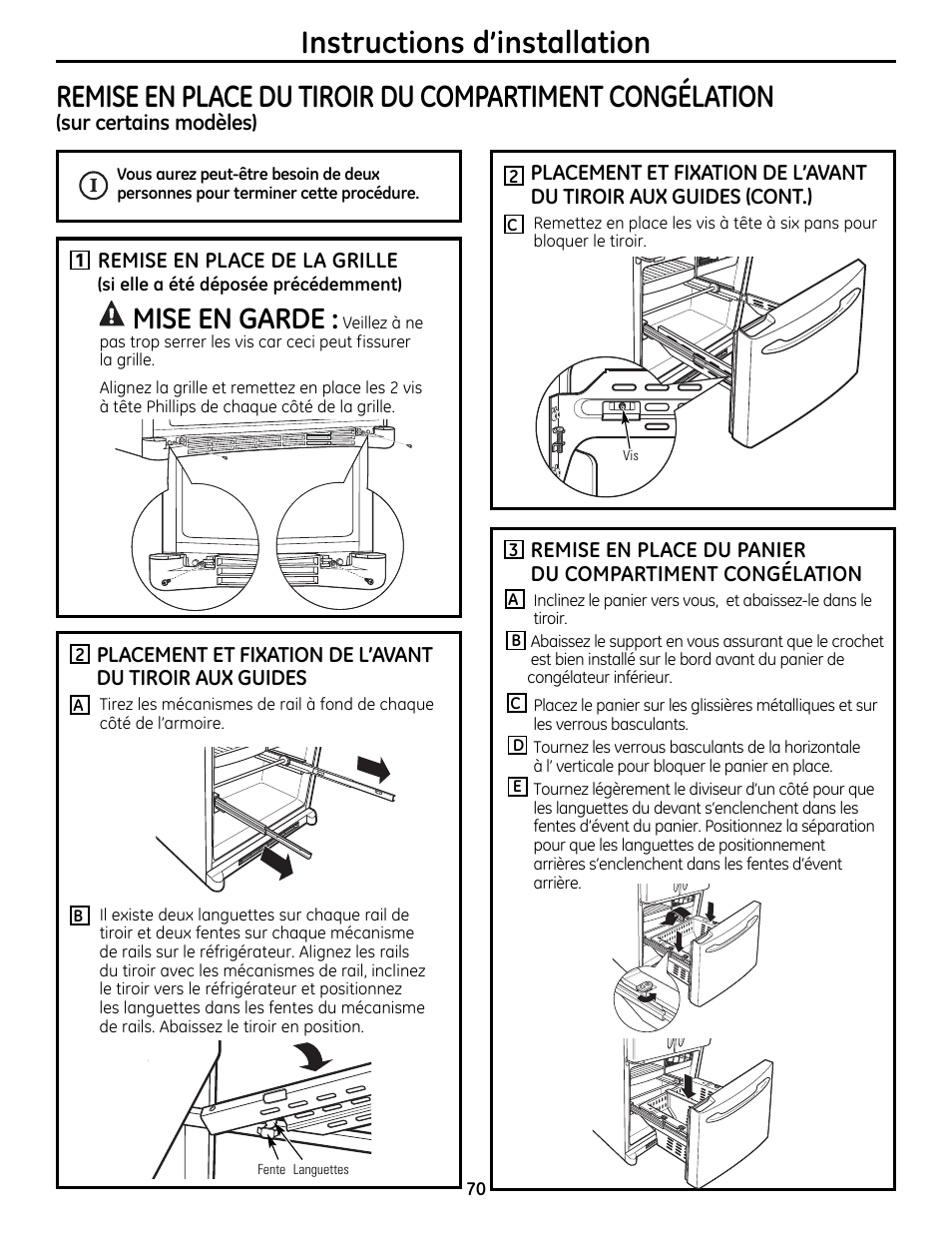 Instructions d’installation, Mise en garde | GE 49-60612 User Manual | Page 70 / 136