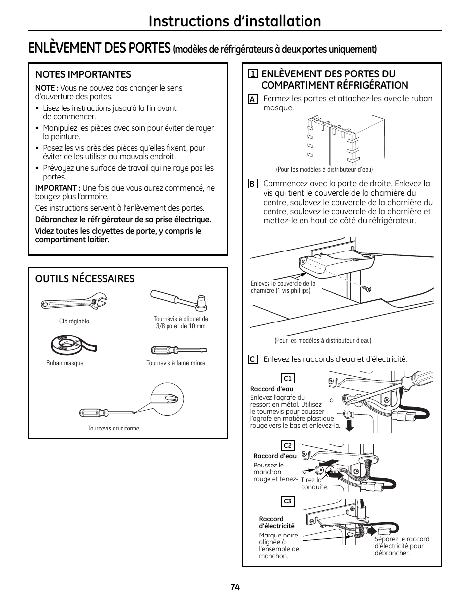 Instructions d’installation enlèvement des portes, Outils nécessaires | GE 49-60612 User Manual | Page 74 / 136